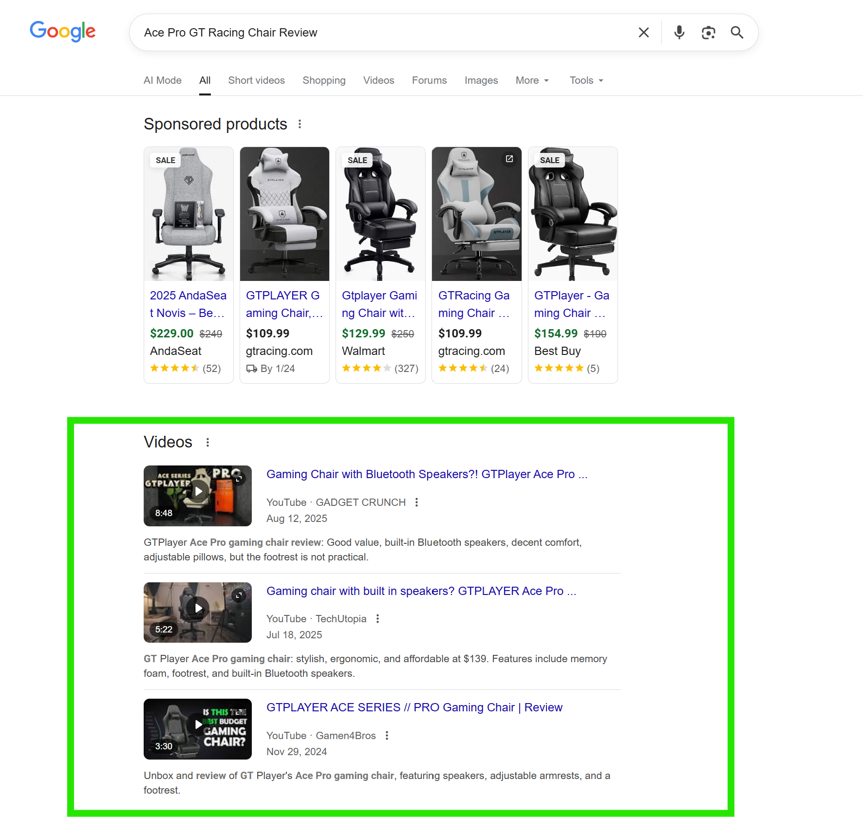 YouTube video reviews appearing in Google Search results